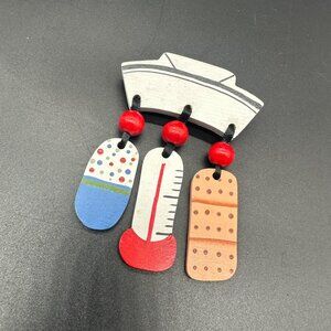 Vintage Nurse Brooch Pin Handmade Wooden Red White Blue Kitschy Gift Dangle